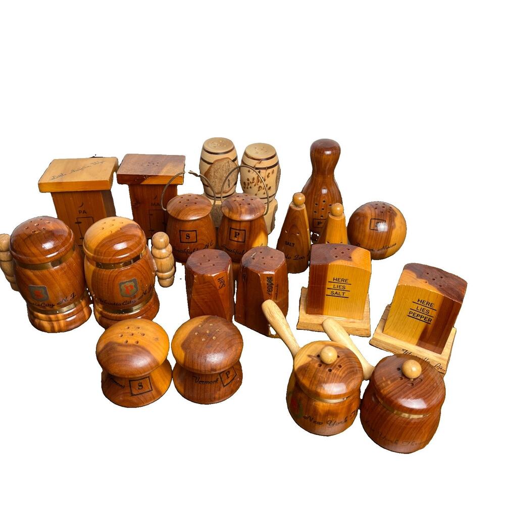 Vintage Wood Wooden States & Attractions Salt and Pepper Shakers Lot Of 10 Sets